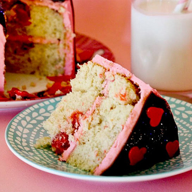slice of cherry vanilla tuxedo cake