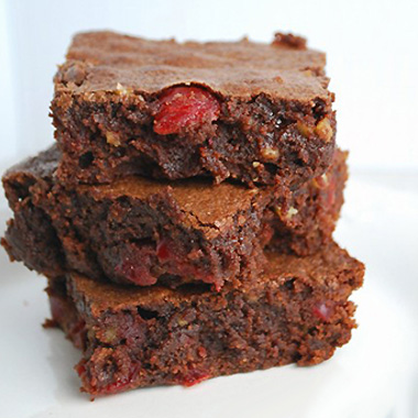 Stack of three chocolate maraschino cherry brownies