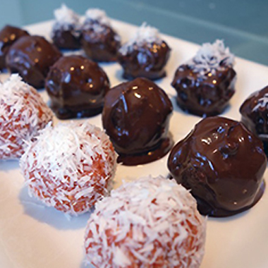 Healthy maraschino cherry power bites with coconut and chocolate