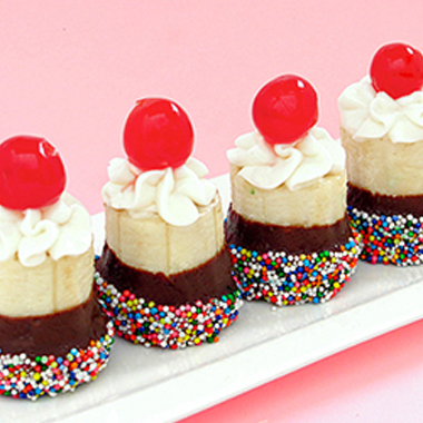 Mini banana split bites with ice cream and a cherry on top