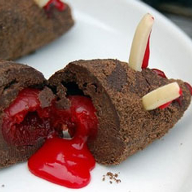 Chocolate cherry mouse cookie split in half